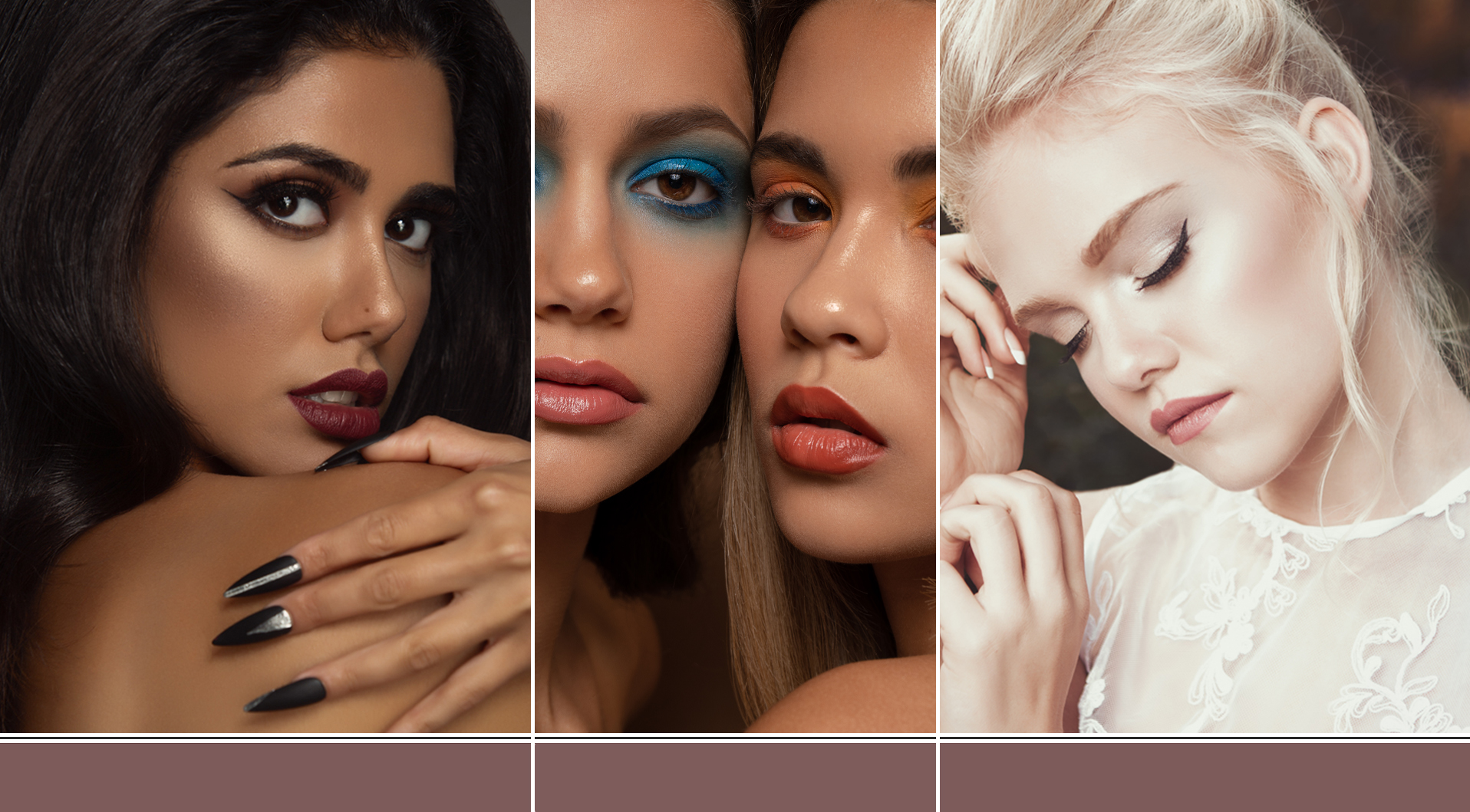Portfolio page feature image with three columns and a Model Closeup in each with makeup by Top Notch Art of Makeup